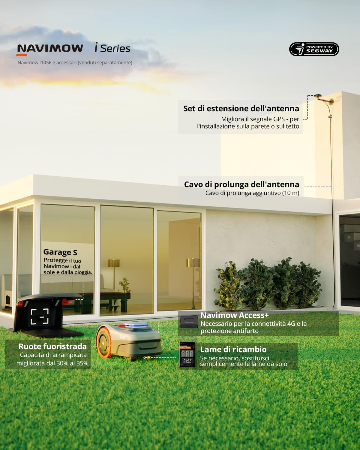 Segway Navimow i105E accanto alla base di ricarica